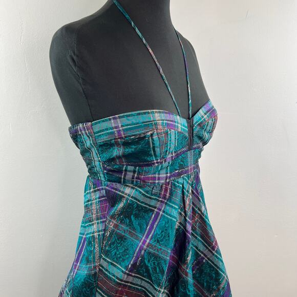 Camille La Vie Halter Plaid Bubble Dress Teal Purple Mini Jacquard Size XS - Picture 6 of 9